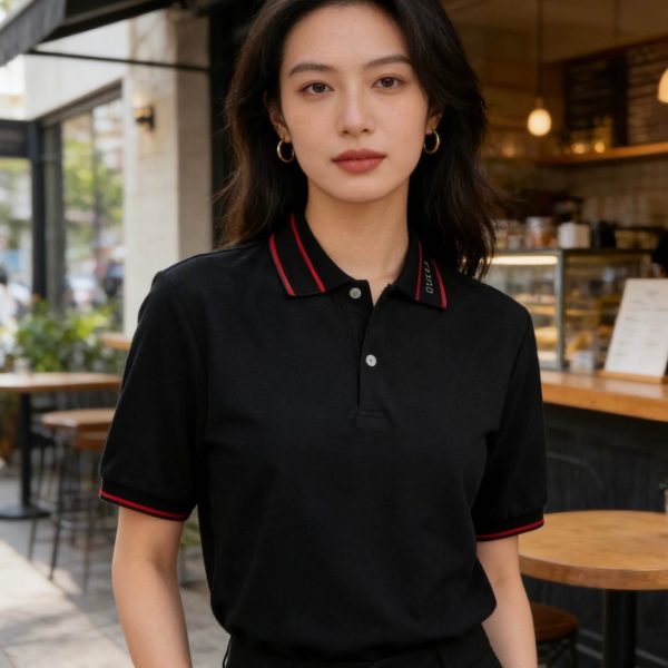 Gucci Logo-Appliqué Ribbed Jacquard Collar Polo Shirt- Black