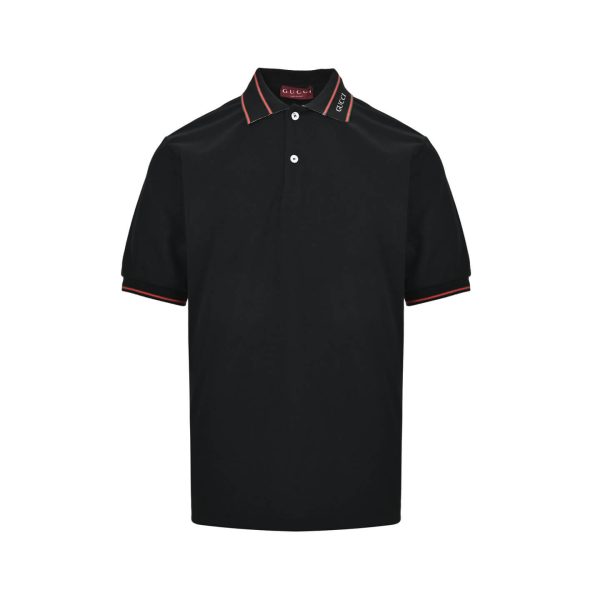 Gucci Logo-Appliqué Ribbed Jacquard Collar Polo Shirt- Black