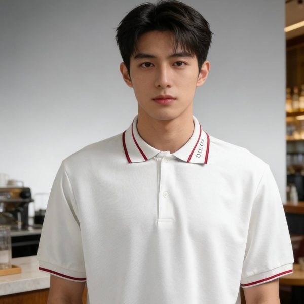 Gucci Logo-Appliqué Ribbed Jacquard Collar Polo Shirt- White