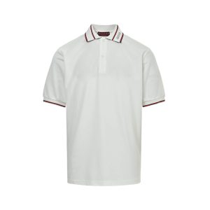Gucci Logo-Appliqué Ribbed Jacquard Collar Polo Shirt- White