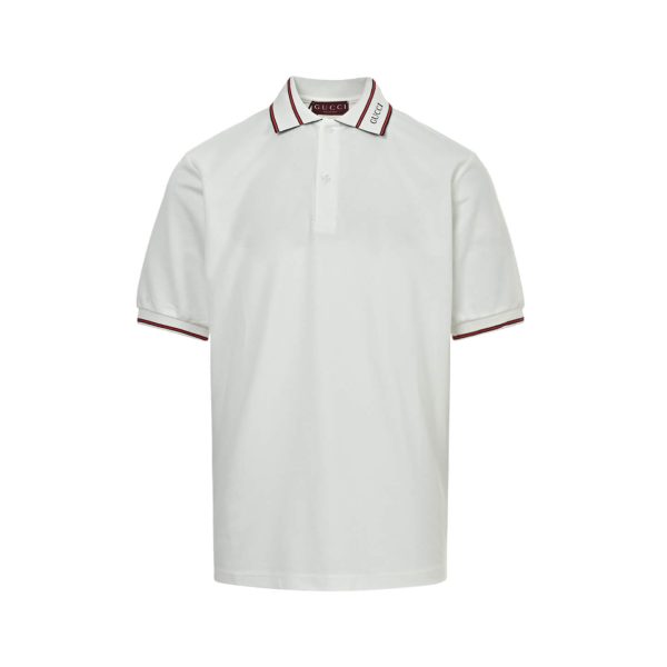 Gucci Logo-Appliqué Ribbed Jacquard Collar Polo Shirt- White