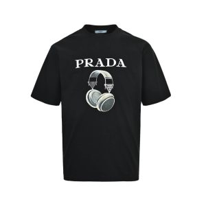 Prada Headphone Letter Print T-shirt- Black