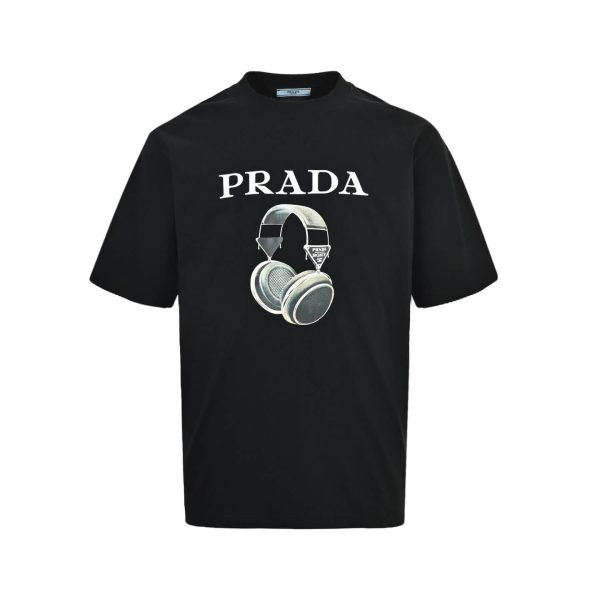 Prada Headphone Letter Print T-shirt- Black