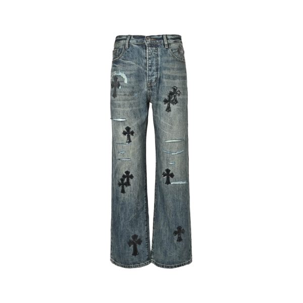 Chrome Hearts Cross Patch Denim Jeans-Washed Blue