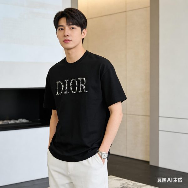Dior white floral logo embroidered T-shirt- Black