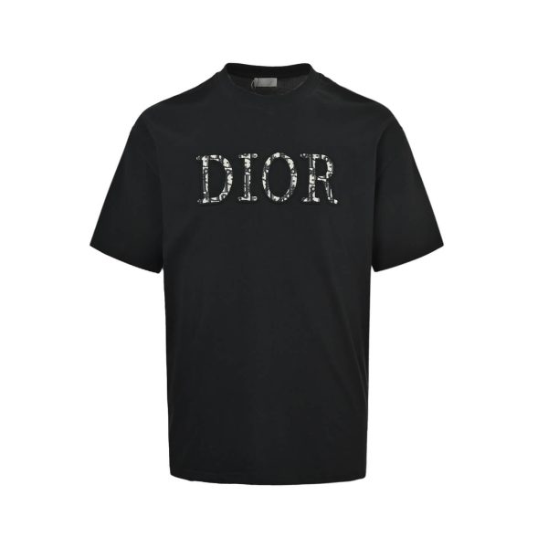 Dior white floral logo embroidered T-shirt- Black