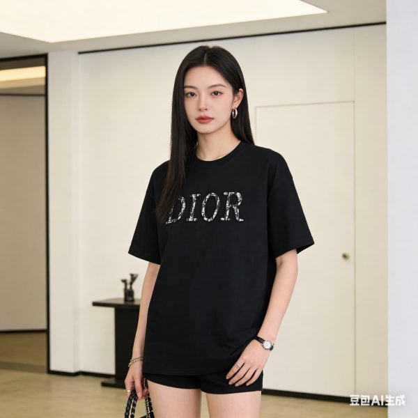 Dior white floral logo embroidered T-shirt- Black
