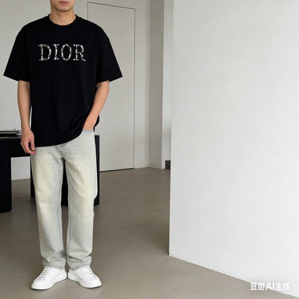 Dior white floral logo embroidered T-shirt- Black