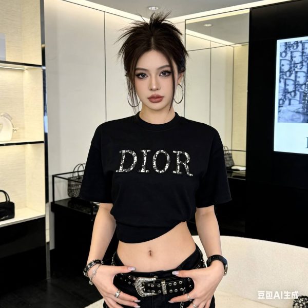 Dior white floral logo embroidered T-shirt- Black