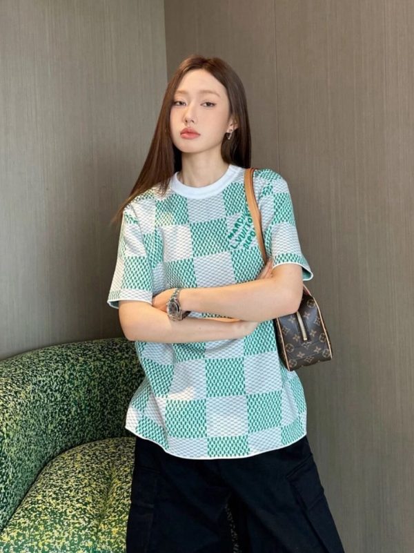 Louis Vuitton Jacquard Damier Short-Sleeved Cotton Crewneck- Vibrant Green