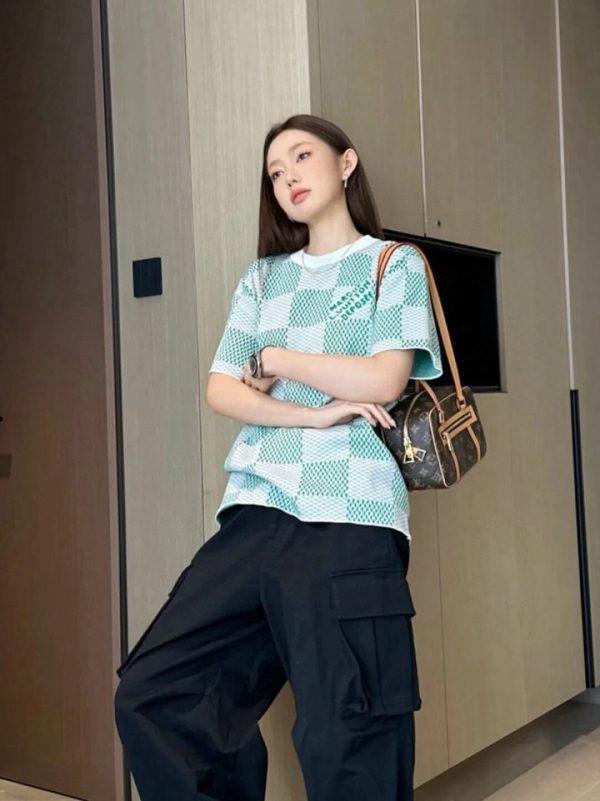 Louis Vuitton Jacquard Damier Short-Sleeved Cotton Crewneck- Vibrant Green