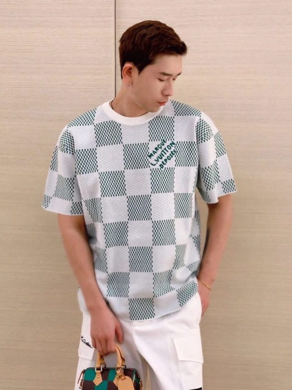 Louis Vuitton Jacquard Damier Short-Sleeved Cotton Crewneck- Vibrant Green