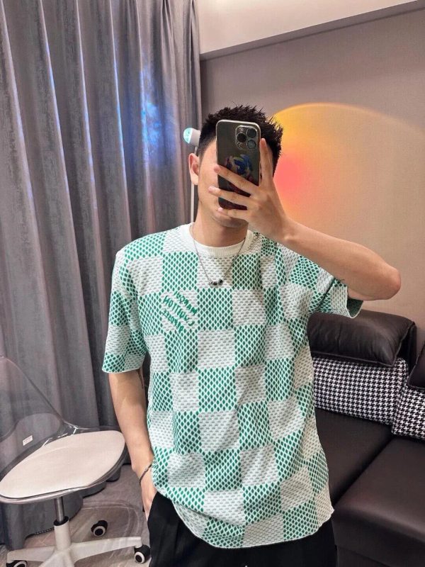 Louis Vuitton Jacquard Damier Short-Sleeved Cotton Crewneck- Vibrant Green