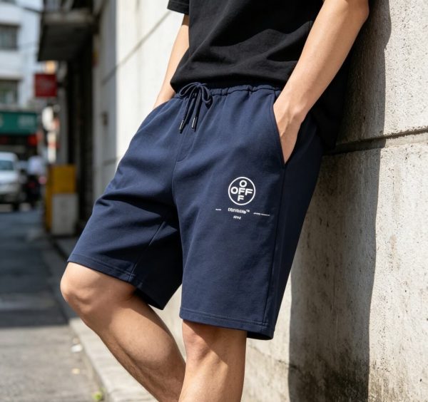 Off-White Diag Stencil Sweatshorts- Black with white and pink accents.