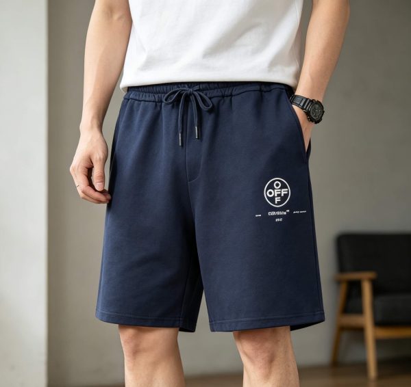 Off-White Diag Stencil Sweatshorts- Black with white and pink accents.