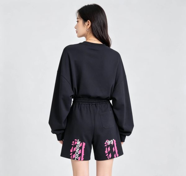 Off-White Diag Stencil Sweatshorts- Black with white and pink accents.