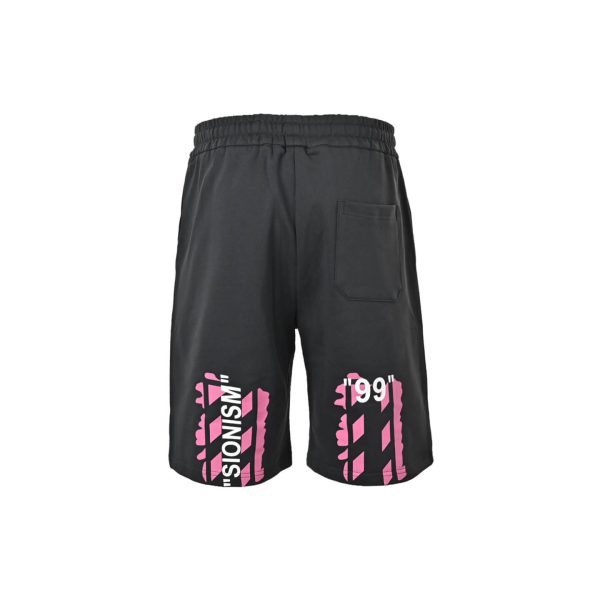 Off-White Diag Stencil Sweatshorts- Black with white and pink accents.