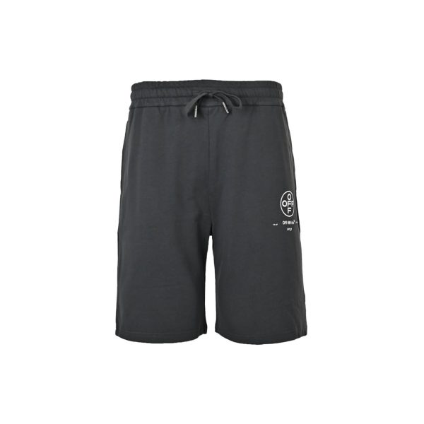 Off-White Diag Stencil Sweatshorts- Black with white and pink accents.