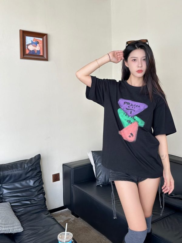 Prada Colorful Hand-Painting Logo T-Shirt- Black