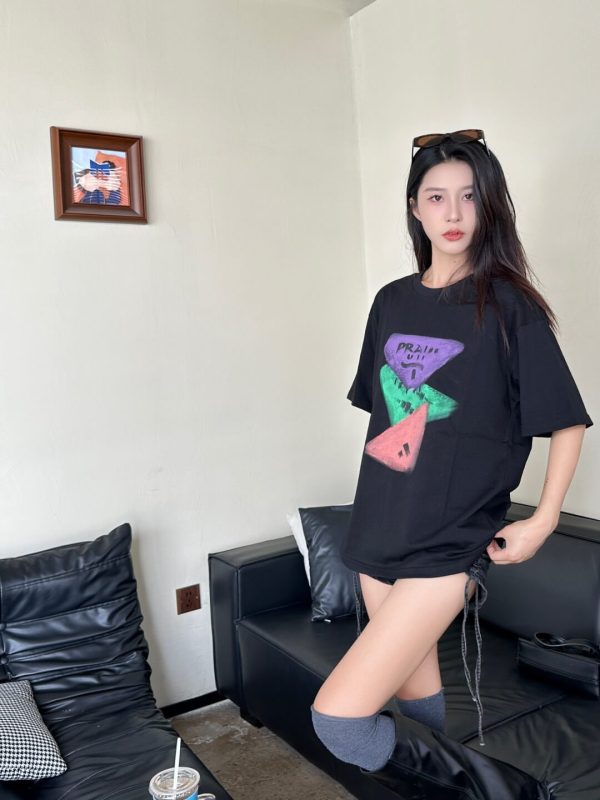 Prada Colorful Hand-Painting Logo T-Shirt- Black