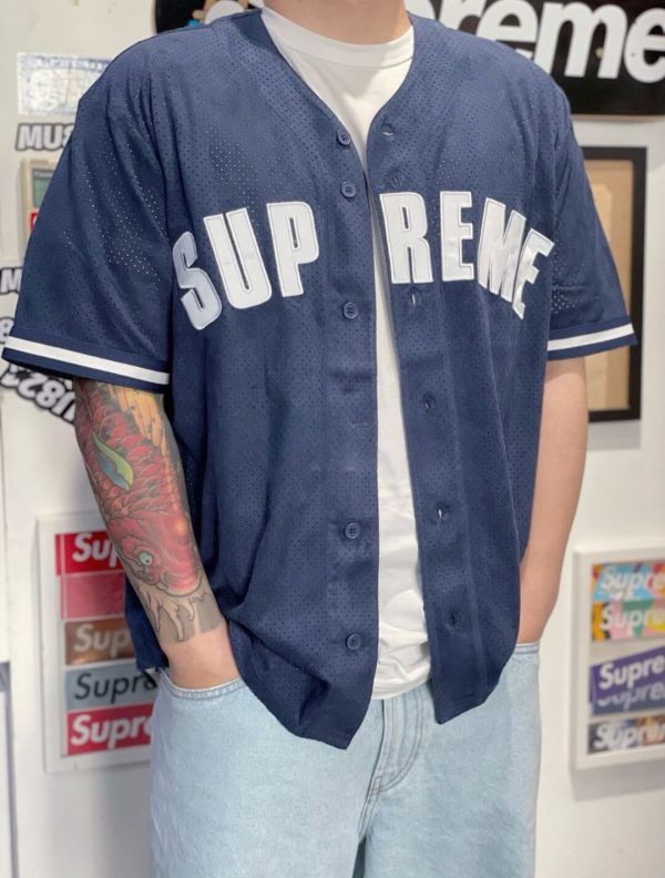 Supreme Ultrasuede Mesh Baseball Jersey- Navy Blue