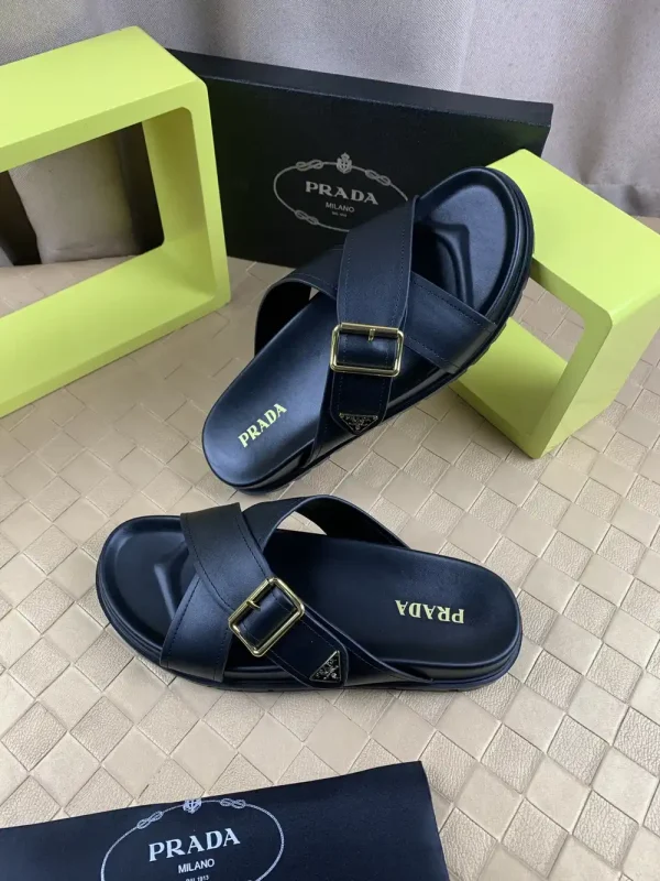 Prada Men's Black Leather Slide with Buckle