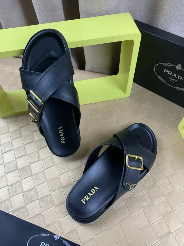 Prada Men's Black Leather Slide with Buckle