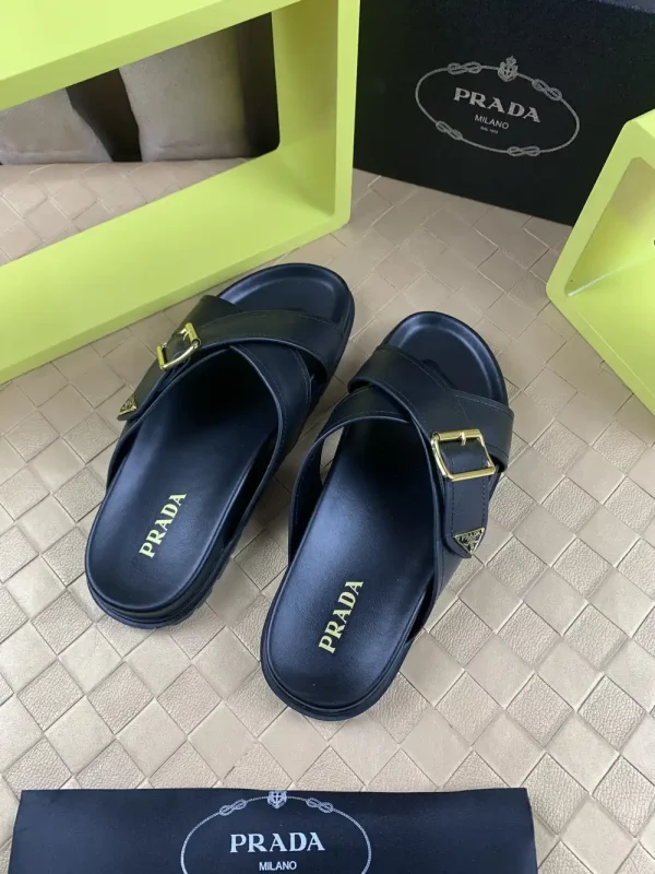 Prada Men's Black Leather Slide with Buckle