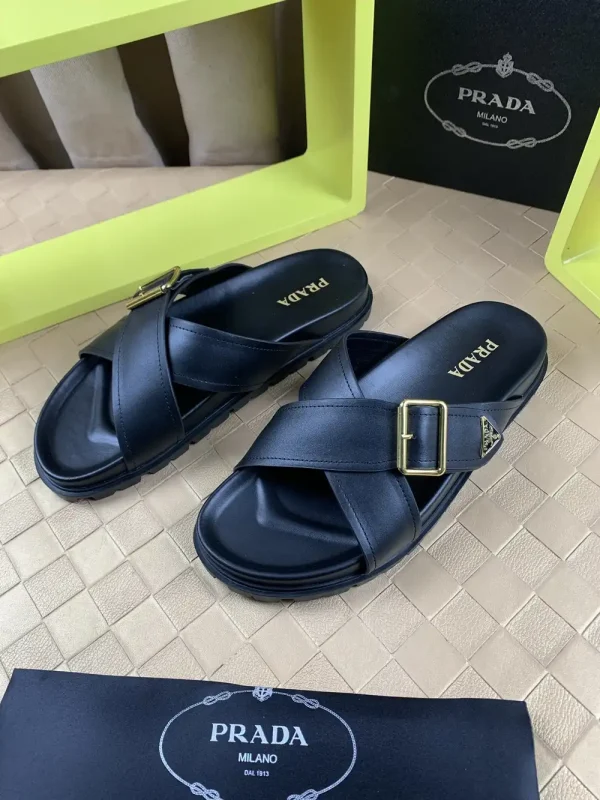 Prada Men's Black Leather Slide with Buckle