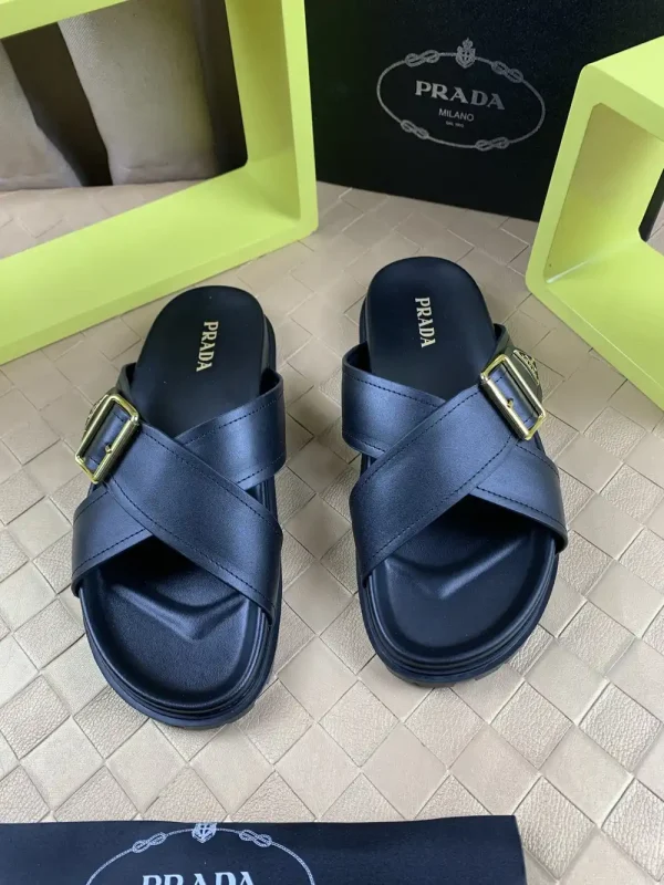 Prada Men's Black Leather Slide with Buckle