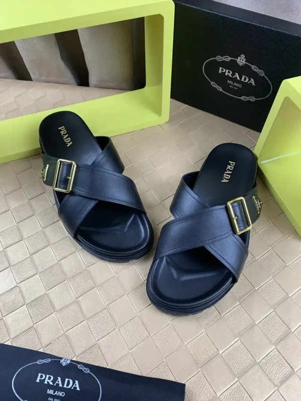 Prada Men's Black Leather Slide with Buckle