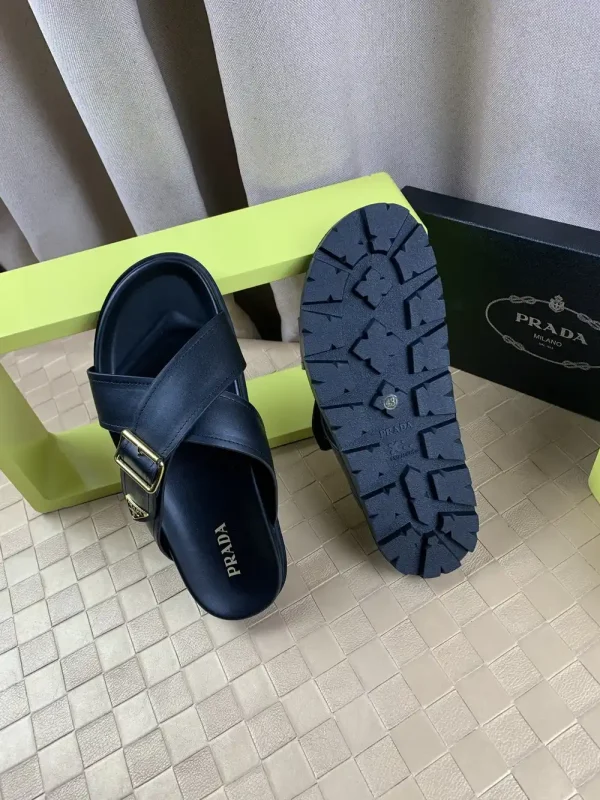 Prada Men's Black Leather Slide with Buckle