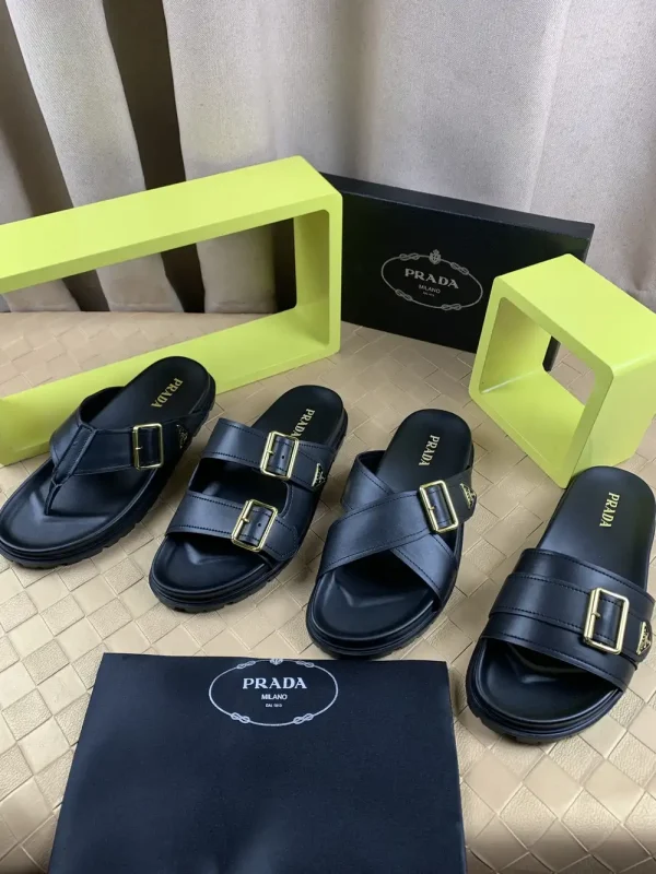Prada Style Black Leather Men's Sandals