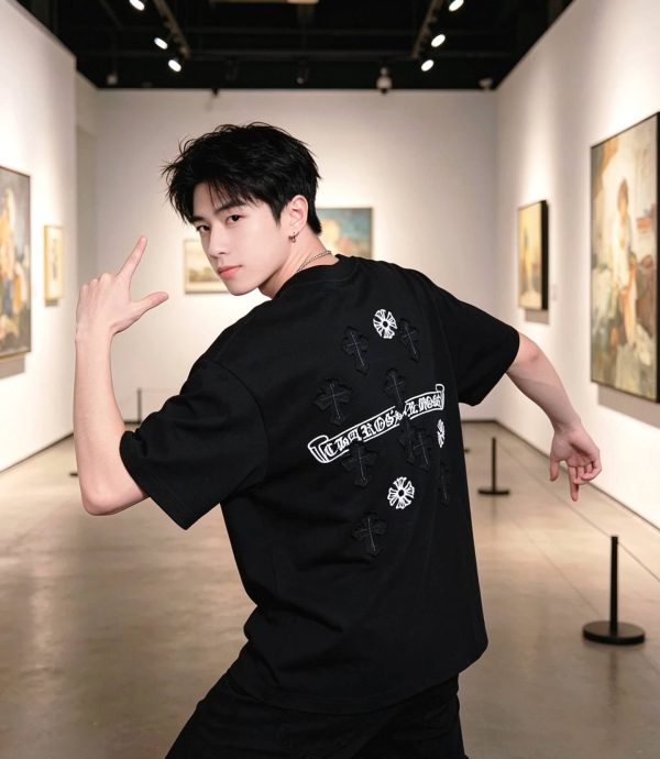 Chrome Hearts Scroll Logo Cross Patch T-Shirt- Black (1) Chrome Hearts Scroll Logo Cross Patch T-Shirt- Black
