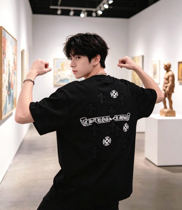 Chrome Hearts Scroll Logo Cross Patch T-Shirt- Black (2) Chrome Hearts Scroll Logo Cross Patch T-Shirt- Black