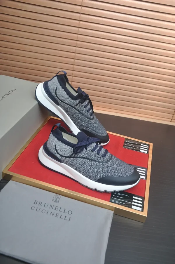 Brunello Cucinelli Navy Knit Sneaker with High-Gloss Suede
