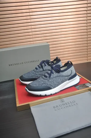 Brunello Cucinelli Navy Knit Sneaker with High-Gloss Suede
