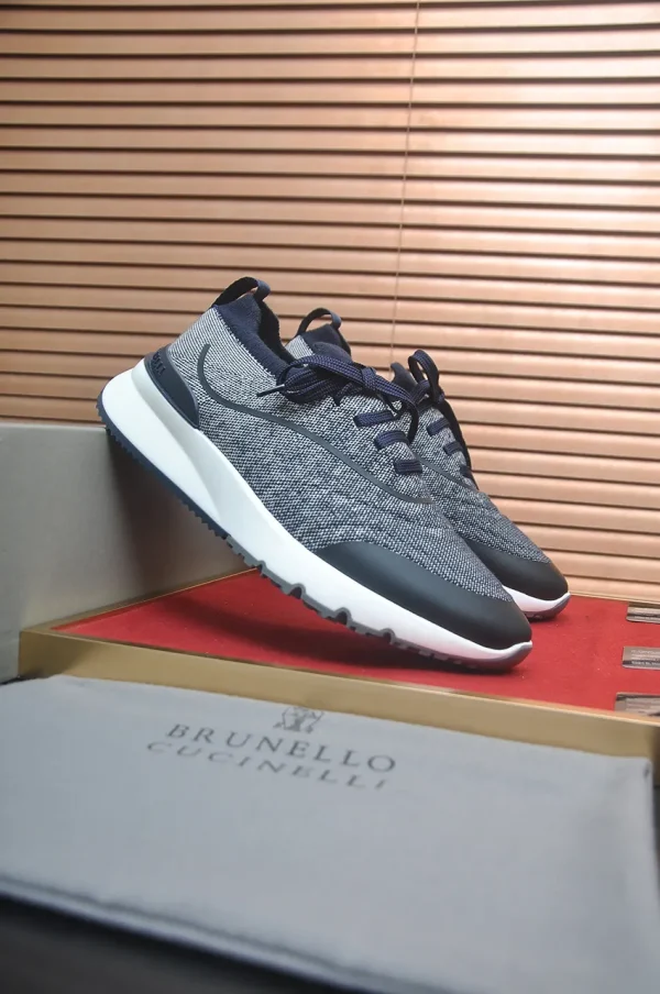 Brunello Cucinelli Navy Knit Sneaker with High-Gloss Suede
