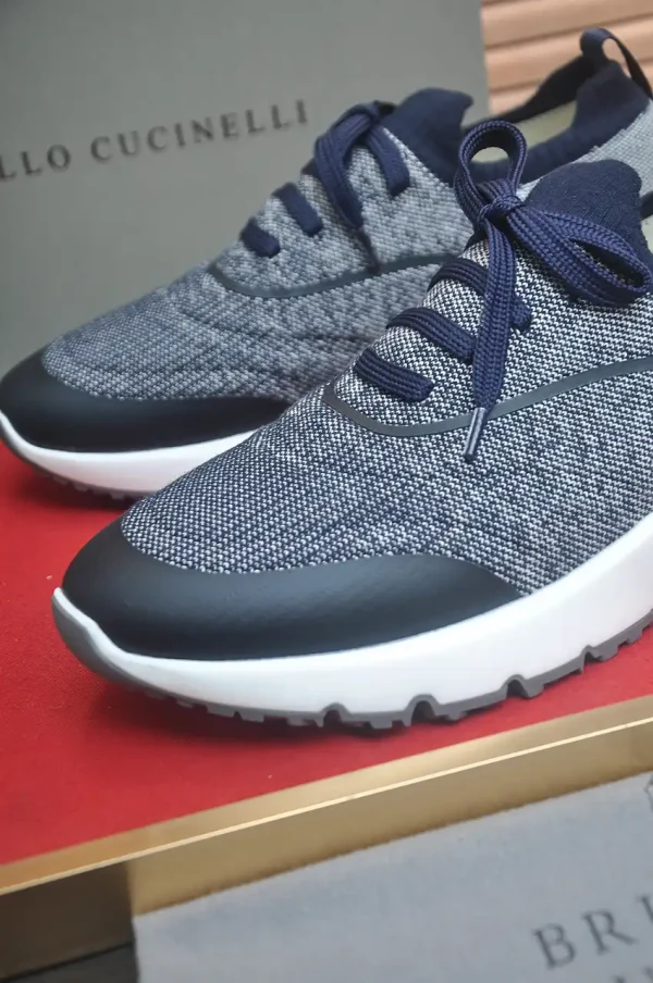 Brunello Cucinelli Navy Knit Sneaker with High-Gloss Suede