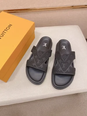 louis-vuitton-oasis-mule-black-slide-overhead-view Louis Vuitton Oasis Mule Black Leather Slide