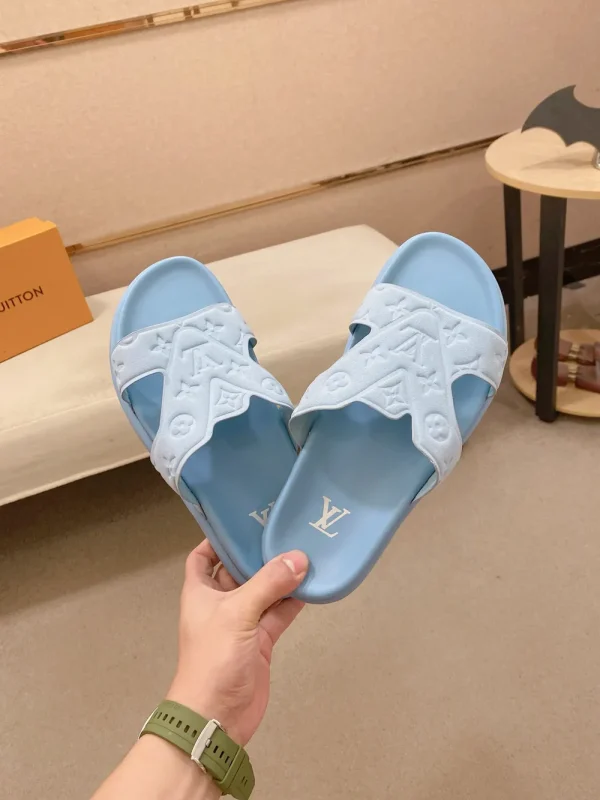 louis-vuitton-oasis-mule-mens-blue-slide-overhead-view-2 Louis Vuitton Oasis Mule Men's Blue Leather Slide