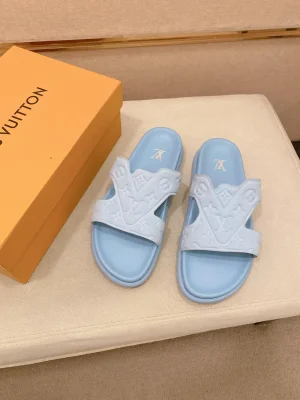 louis-vuitton-oasis-mule-mens-blue-slide-overhead-view Louis Vuitton Oasis Mule Men's Blue Leather Slide