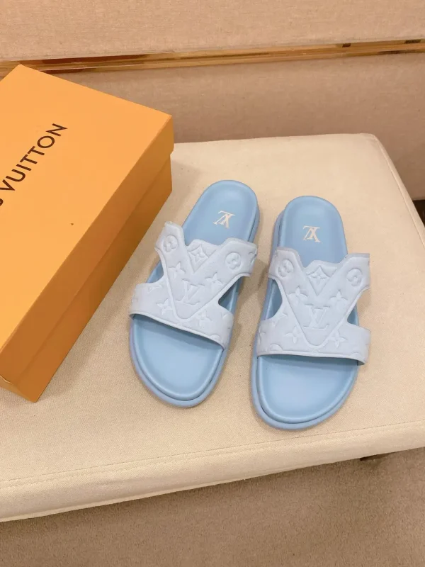louis-vuitton-oasis-mule-mens-blue-slide-overhead-view Louis Vuitton Oasis Mule Men's Blue Leather Slide