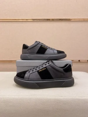 Prada Men's Black Leather Sneakers with Lambskin Lining