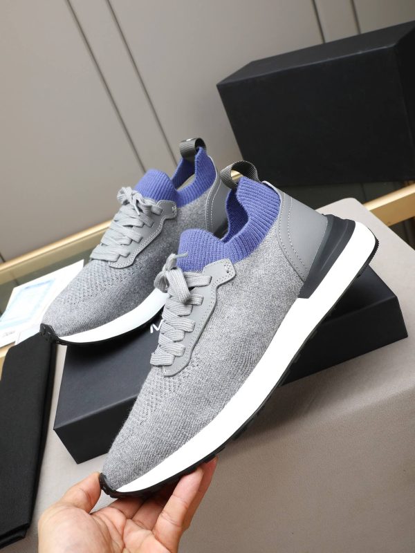 Brunello Cucinelli Stretch-Knit Runner Sneakers – Light Grey & Blue