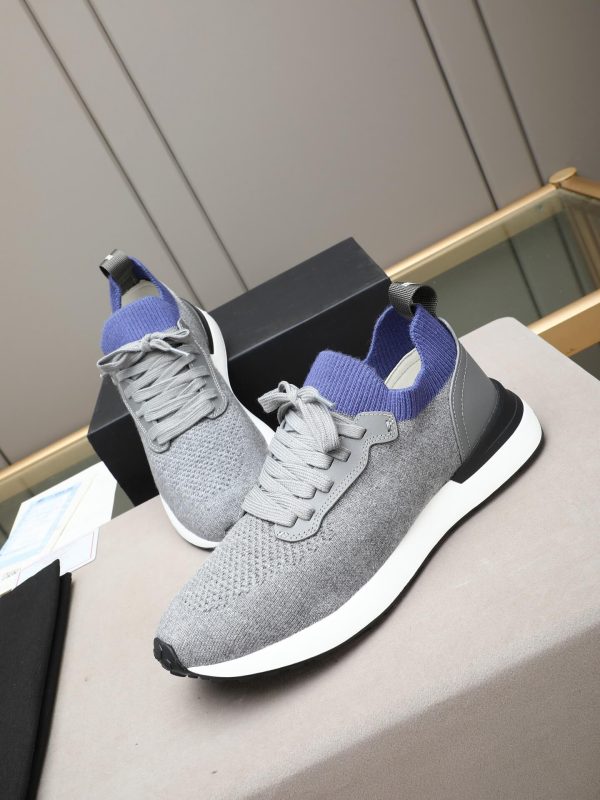 Brunello Cucinelli Stretch-Knit Runner Sneakers – Light Grey & Blue