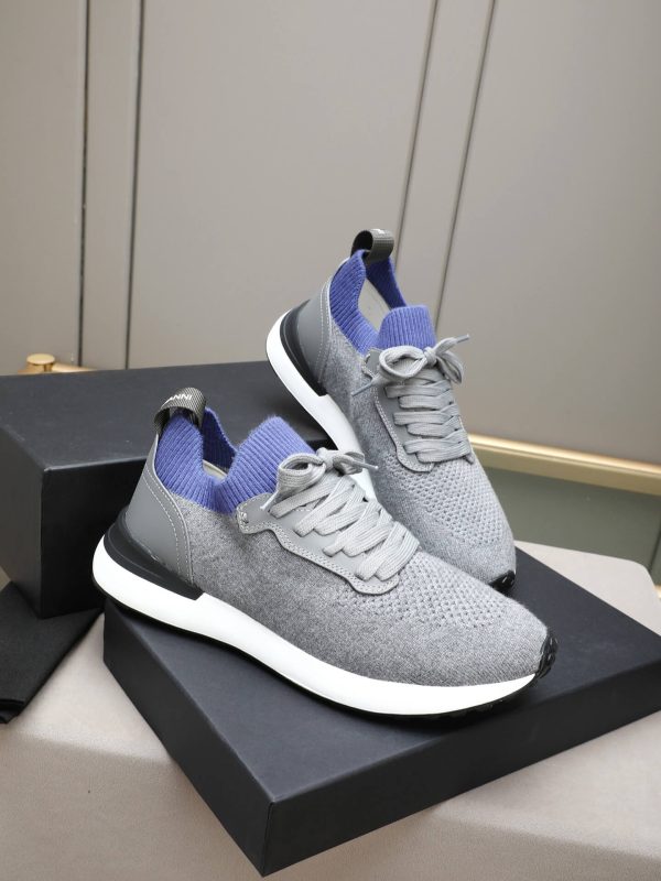 Brunello Cucinelli Stretch-Knit Runner Sneakers – Light Grey & Blue