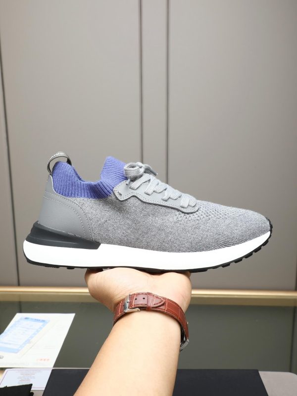 Brunello Cucinelli Stretch-Knit Runner Sneakers – Light Grey & Blue