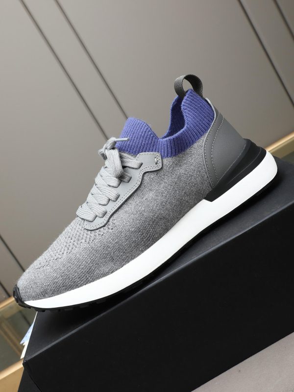 Brunello Cucinelli Stretch-Knit Runner Sneakers – Light Grey & Blue