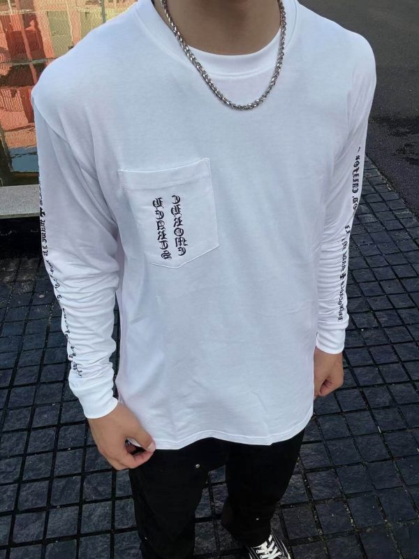Chrome Hearts Phantom Cross Sanskrit Arm Long Sleeve Shirt- White (2) Chrome Hearts Phantom Cross Sanskrit Arm Long Sleeve Shirt- White